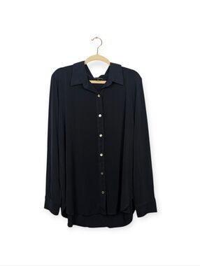 Franne Golde Blouse 3X Navy Button Front Collared High Low Long Sleeve Career